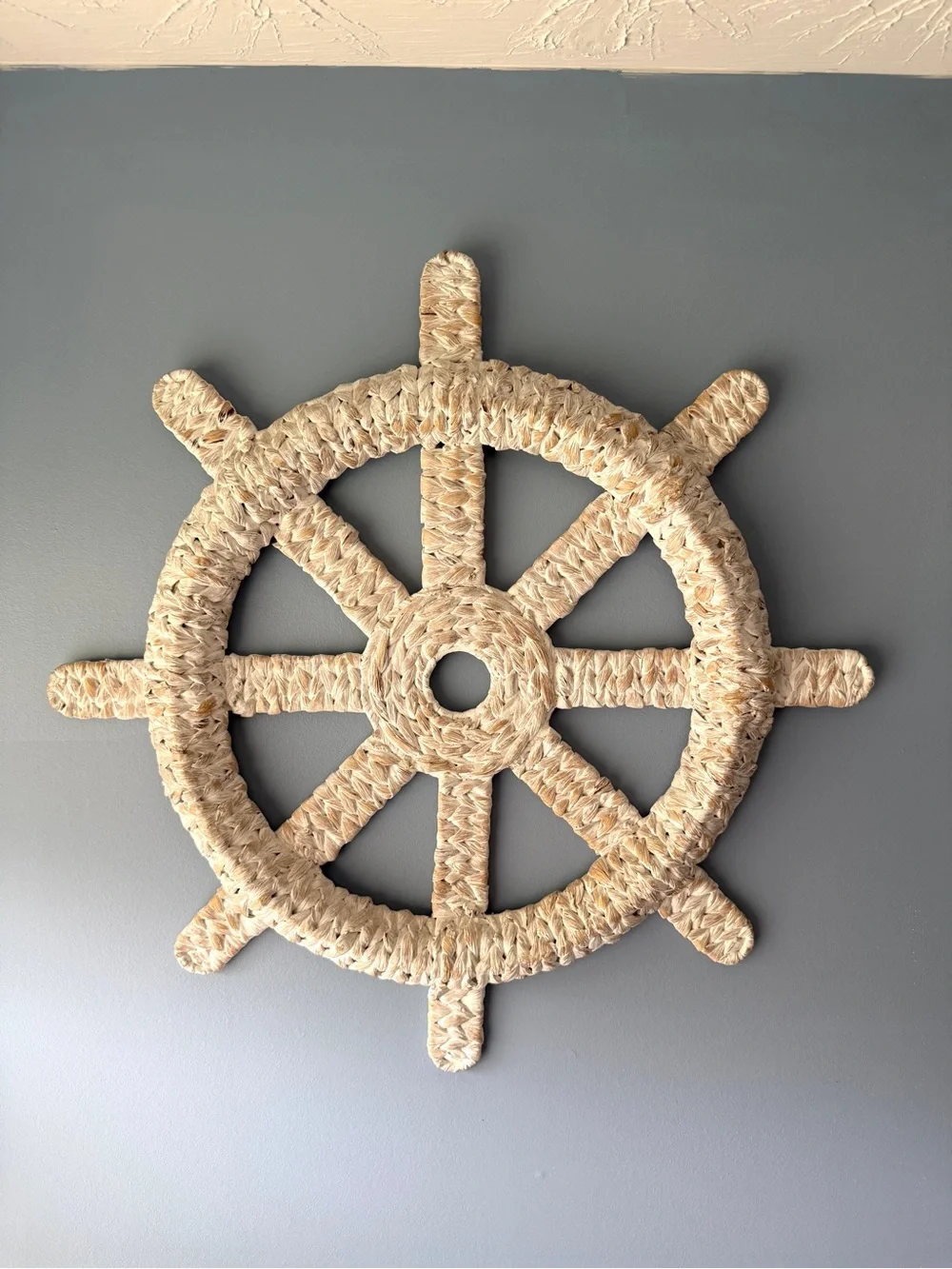 Nautical Ship Wheel Wall Decor - White and Natural Braided Wicker Rope Boho